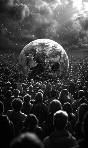 world ball surrounded by people copy